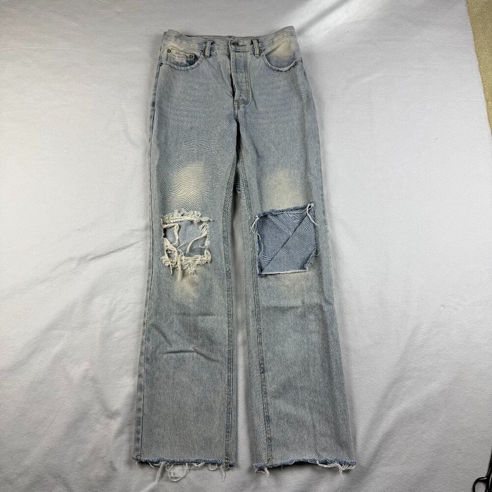 Beige Botany Open Knee Distressed Button Front Raw Hem Jeans Size S